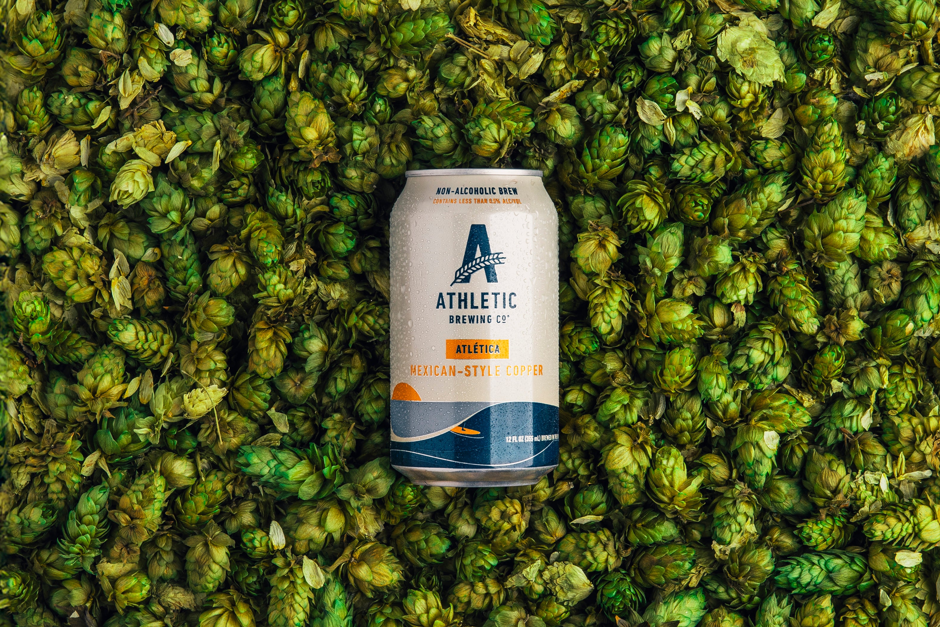 can of atletica on a bed of hops