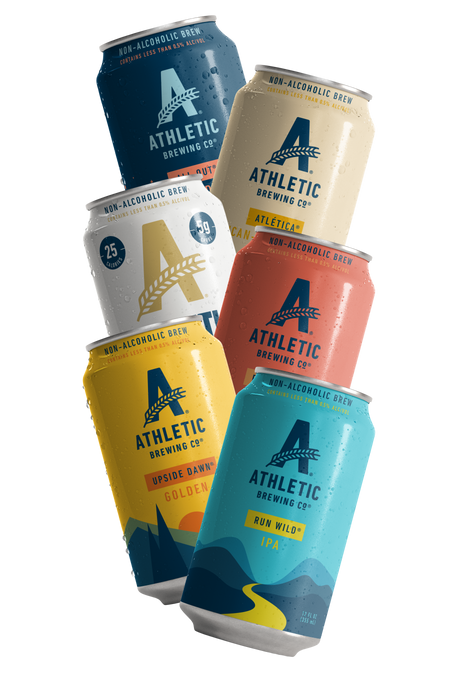Assorted cans of Athletic Brewing Co. non-alcoholic beer on a white background